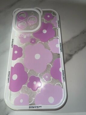 Floral Purple Clear Glitter Phone Case iPhone 14 PRO MAX
